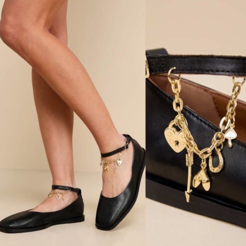 Free People NWT Mystic Treasures Flat Black Ankle Strap Charm Shoes Size 8.5